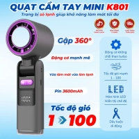 Quạt Cầm Tay Di Động K801 Trang Bị Sò Làm Lạnh, 100 Tốc Độ Gió, Trang Bị Đèn Pin, Sạc Lại Type C Động Cơ Mạnh mẽ Pin 3600mAh Màn Hình LED