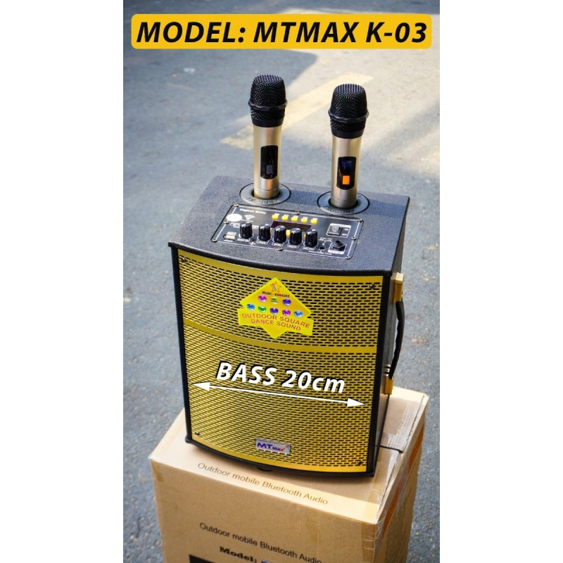Loa xách tay MTMax K03 - Loa kéo di động bass 2 tấc - Công suất lên đến 250W - Tặng kèm 2 micro