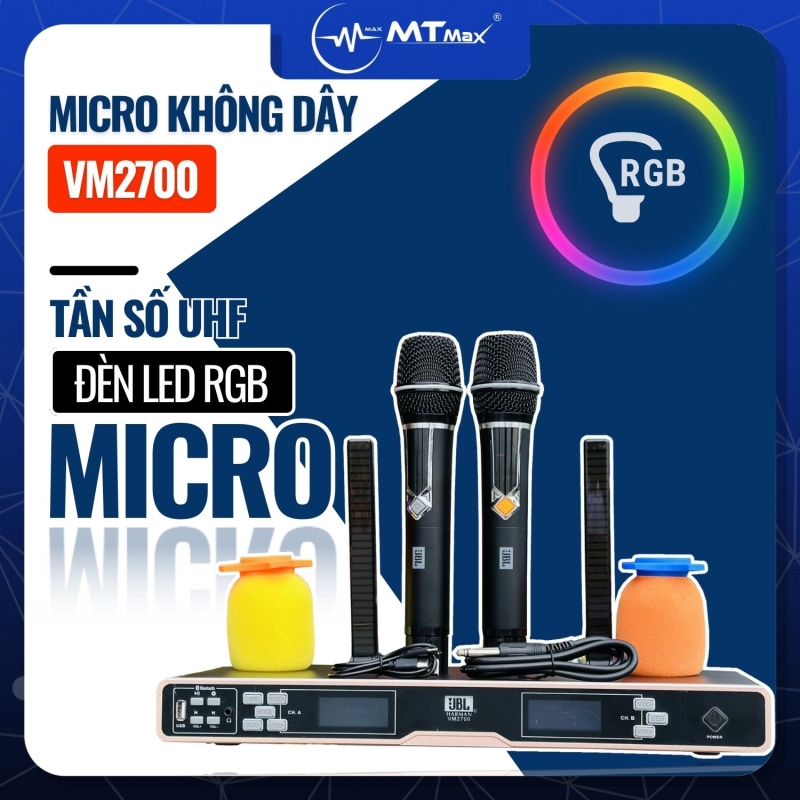 Micro Karaoke VM2700 UHF Siêu Độc Đáo Với Đèn LED RGB và Micro Hát Nhẹ, Hút Tiếng, Chống Hú Rít