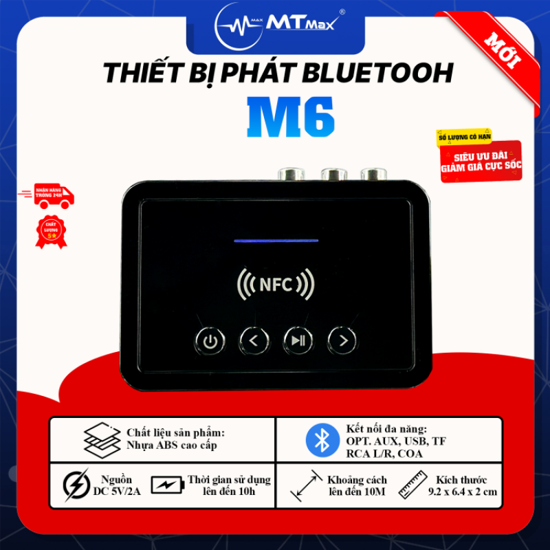 Thiết Bị Thu Phát Tín Hiệu Bluetooth NFC M6 - Hỗ Trợ Bluetooth Cho Các Thiết Bị Loa Máy Tính, Amply, Tivi, Kết Nối Dễ Dàng Qua Cổng AUX, RCA, OPT, COA Sử Dụng Liên Tục Từ 8 - 10 Giờ