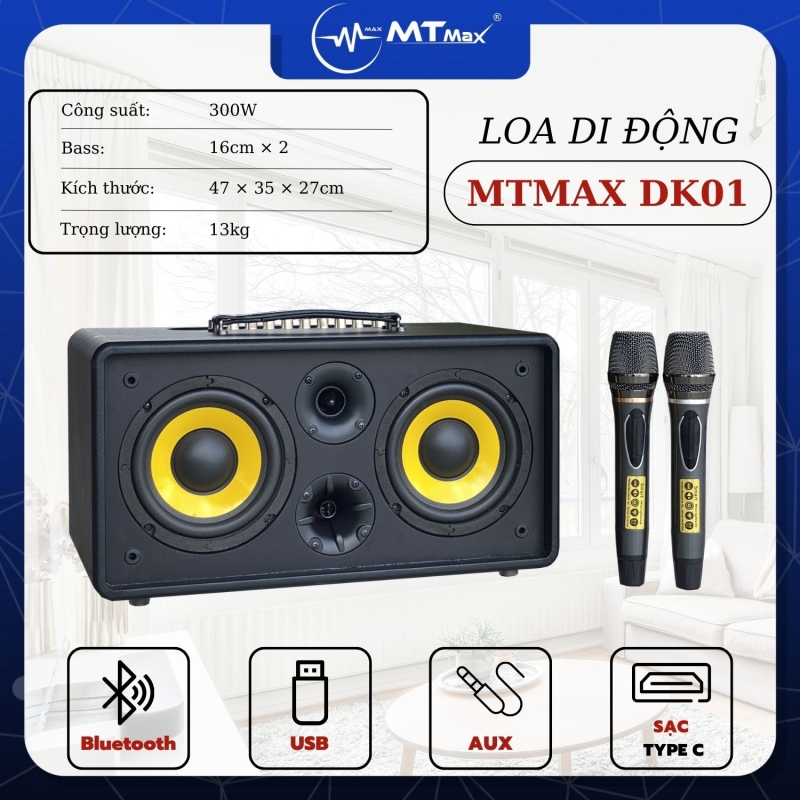Loa Di Động MTMAX DK01 – Loa Xách Tay Công Suất Lớn, Bass Đôi, Kèm 2 Micro Cao Cấp