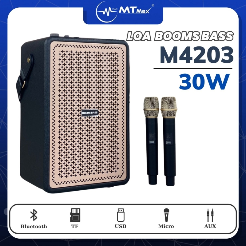 Loa Bluetooth Karaoke Booms Bass M4203 Bass Mạnh, Kèm 2 Micro Không Dây