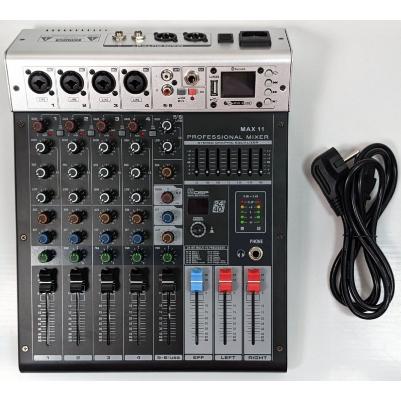 Bàn trộn âm thanh - Mixer Max 11 - 6 kênh (4 mono, 2stereo) kết nối Bluetooth - 99 hiệu ứng vang