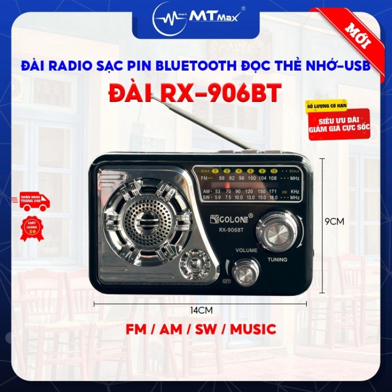Đài Radio Dùng Pin Sạc RX 906BT - Máy Nghe Nhạc Kiêm Đài Radio, FM, AM, SW Hỗ Trợ Kết Nối Bluetooth, USB, Thẻ Nhớ Âm Thanh To Lớn Dễ Dàng Sử Dụng