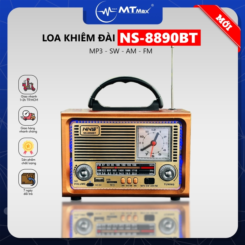 Đài Radio NS 8890BT - Loa Nghe Nhạc Bluetooth Khiêm Đài FM Cổ Điển, Đầy Đủ Chức Năng, Đồng Hồ, Âm Thanh Chất Lượng, Hỗ Trợ Thẻ Nhớ và USB Giá Siêu Rẻ