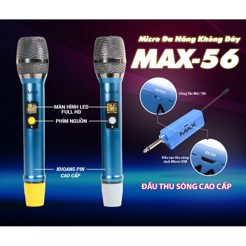 Bộ 2 Micro không dây đa năng Max56 - Hút âm tốt, chống hú hiệu quả - Sạc pin ngay trên mic