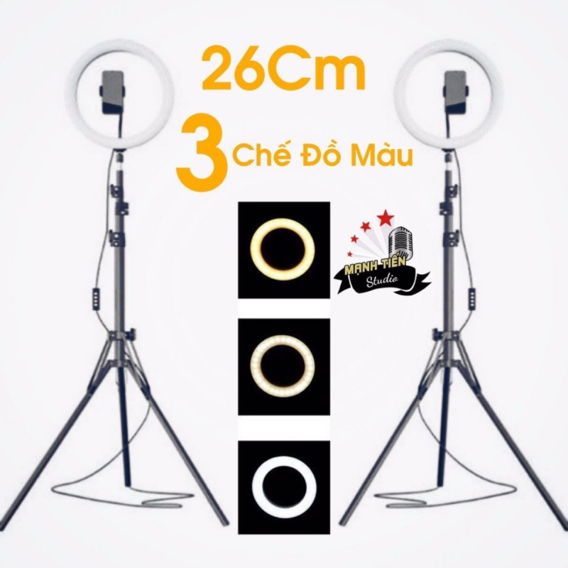 Đèn Led tròn LiveStream 26CM - Có nút chỉnh 3 chế độ sáng, chân cao 2m1