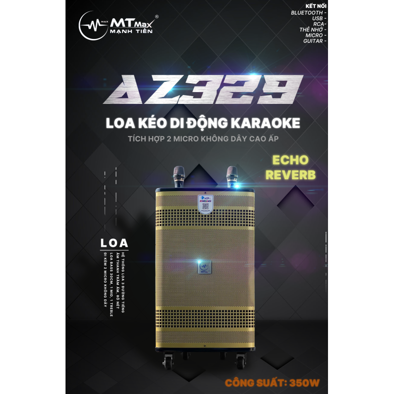 Loa Kéo Di Động Az-329 - Loa Karaoke Thế Hệ Mới, Công Suất Lớn 350W, Bass Căng 3 Tấc, Âm Thanh Cực Mạnh, Sôi Động, Đi Kèm 2 Micro Không Dây, Bảo Hành 12 Tháng