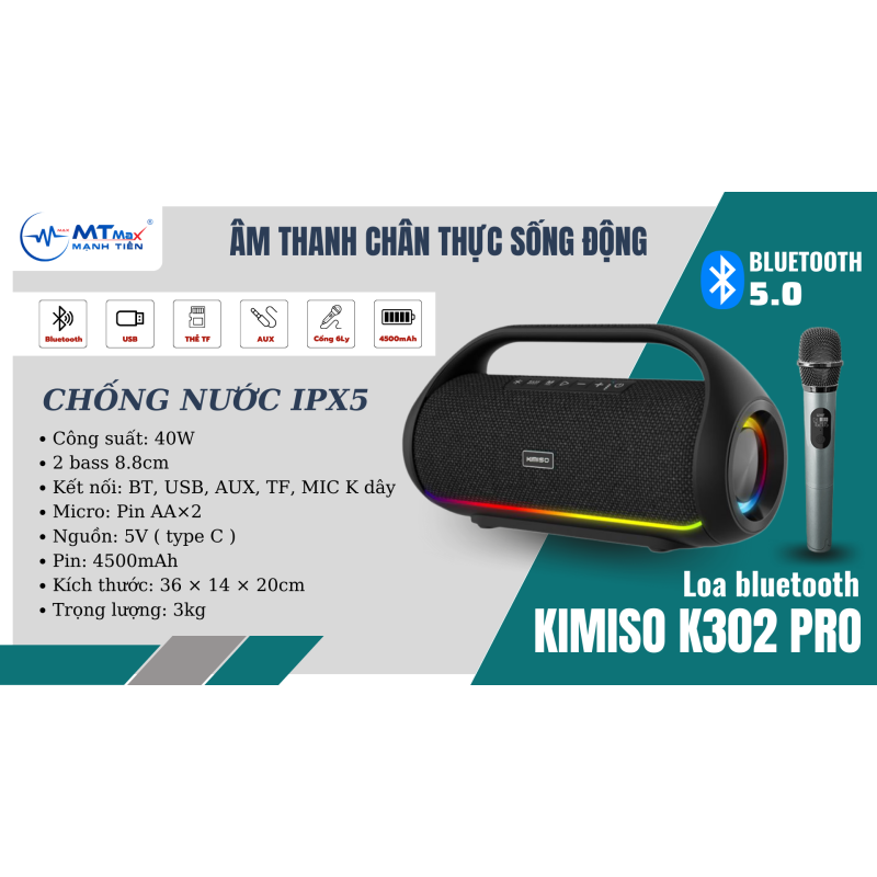 Loa Bluetooth KIMISO K302 PRO - Tích Hợp Micro Karaoke, Đa Dạng Cổng Kết Nối Tiện Lợi