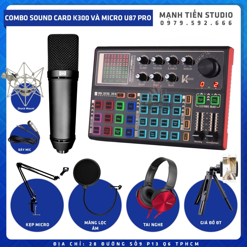 Combo thu âm, livestream Micro AQTA U87-Pro, Sound card K300 - Kèm full phụ kiện kẹp micro, màng lọc, tai nghe, giá đỡ ĐT - Hỗ trợ thu âm, karaoke online chuyên nghiệp