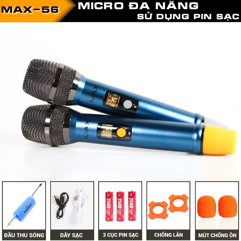 Bộ 2 Micro không dây đa năng Max56 - Hút âm tốt, chống hú hiệu quả - Sạc pin ngay trên mic