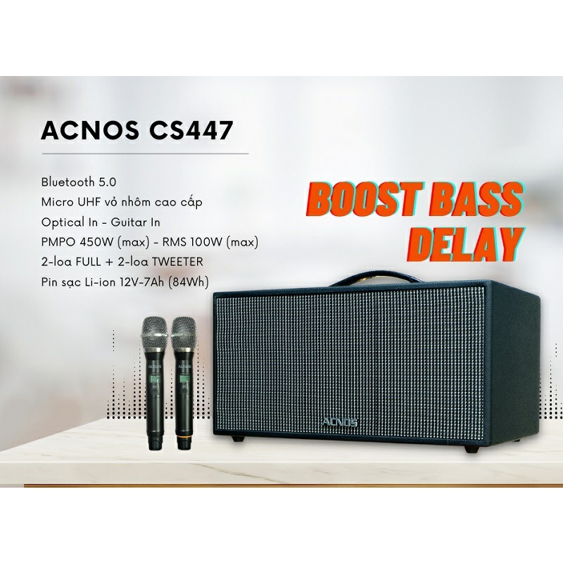 Dàn âm thanh di động ACNOS CS447 - Loa kéo tích hợp vang số chỉnh cơ - Kèm 2 micro không dây UHF