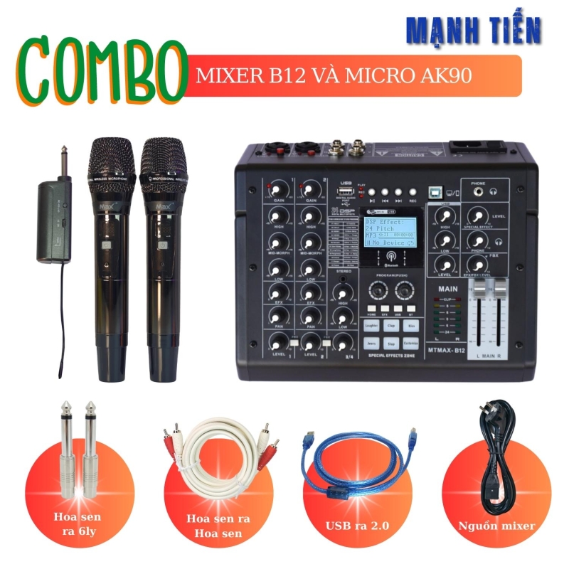 Combo Mixer B12 Và Micro AK90 – Vừa Thu Âm Vừa Hát Ra Loa, Tặng Kèm Phụ Kiện Kết Nối