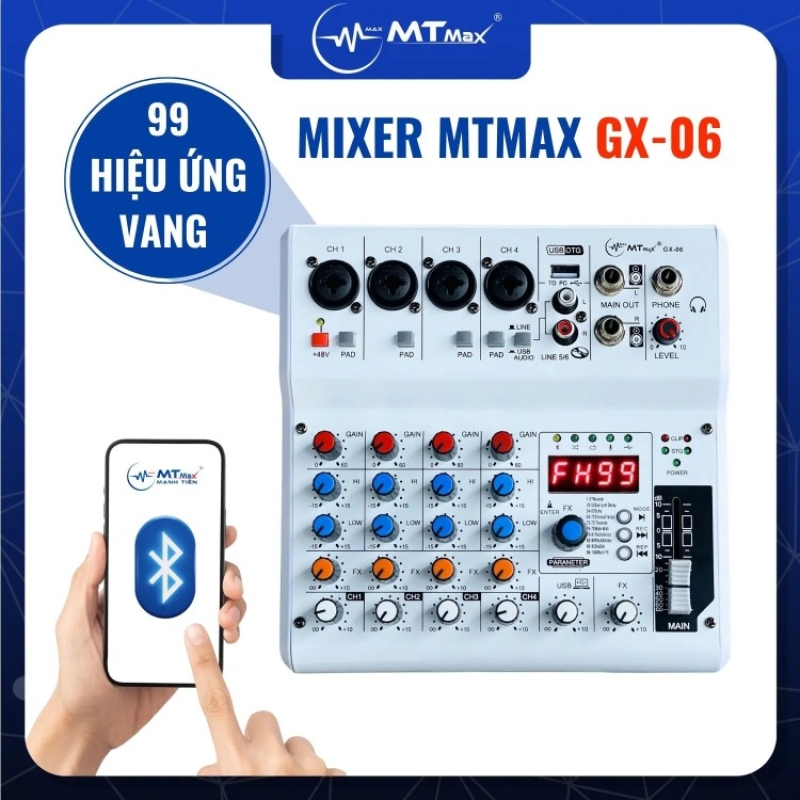 Mixer MTMAX GX06 Hát Livestream, Thu Âm, Karaoke Với Dàn Âm Thanh Gia Đình, Thiết Kế Sang Trọng Tích Hợp 99 Hiệu Ứng