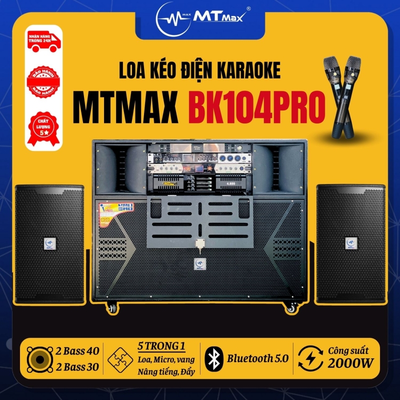 Loa Kéo Điện Cao Cấp MTMAX BK104PRO 5 Trong 1 – Sự Đột Phá Mới Trong Thiết Kế MTMAX Tích Hợp Micro, Vang Cơ, Nâng Tiếng, Cục Đẩy Công Suất 2000W