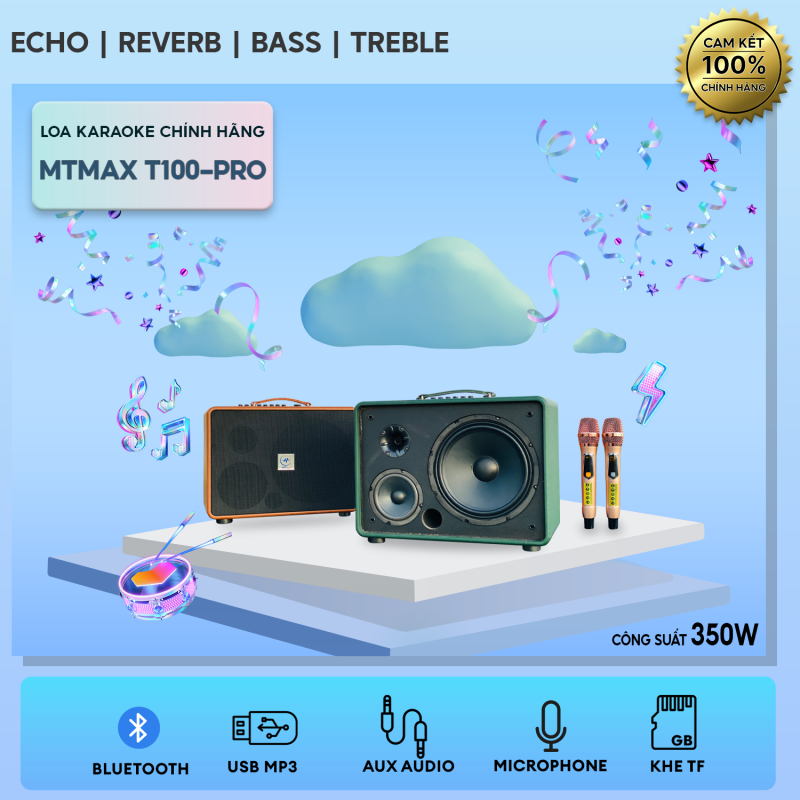 Loa Xách Tay Chính Hãng MTMAX T100PRO - Loa Karaoke Di Động 3 Đường Giá Rẻ Công Suất Lớn 350W Bass Siêu Trầm 25cm Điều Chỉnh Bass Treble Echo Reverb Dễ Dàng Bảo Hành 12 Tháng Tặng Kèm 2 Micro Cao Cấp