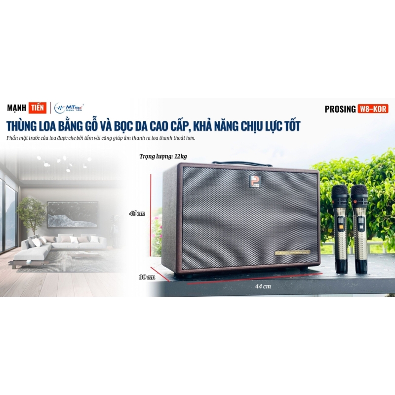 Loa Di Động Xách Tay Cao Cấp Prosing W8Kor Tích Hợp Vang Số, Chống Hú, Lọc Âm Bass 20cm Công Suất 150W - 350W Kèm 2 Micro - Tặng Bộ Pin Sạc B02