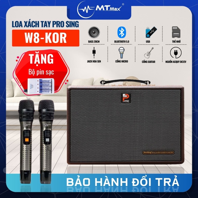 Loa Di Động Xách Tay Cao Cấp Prosing W8Kor Tích Hợp Vang Số, Chống Hú, Lọc Âm Bass 20cm Công Suất 150W - 350W Kèm 2 Micro - Tặng Bộ Pin Sạc B02