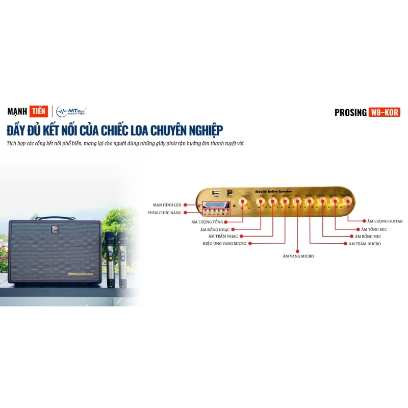 Loa Di Động Xách Tay Cao Cấp Prosing W8Kor Tích Hợp Vang Số, Chống Hú, Lọc Âm Bass 20cm Công Suất 150W - 350W Kèm 2 Micro - Tặng Bộ Pin Sạc B02