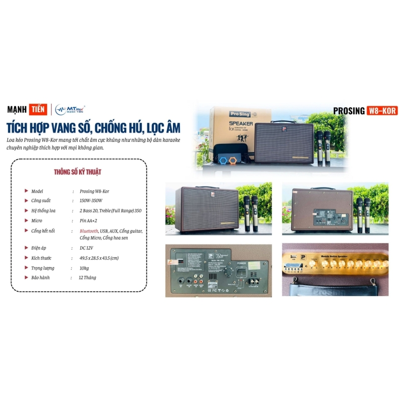 Loa Di Động Xách Tay Cao Cấp Prosing W8Kor Tích Hợp Vang Số, Chống Hú, Lọc Âm Bass 20cm Công Suất 150W - 350W Kèm 2 Micro - Tặng Bộ Pin Sạc B02