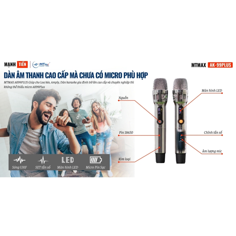 Micro MTMAX AK99Plus Cho Dàn Karaoke, Loa Kéo, Amply Cao Cấp Chính Hãng, Củ Micro Cao Cấp Set Tần Số, Chỉnh Âm Lượng Ngay Thân Micro