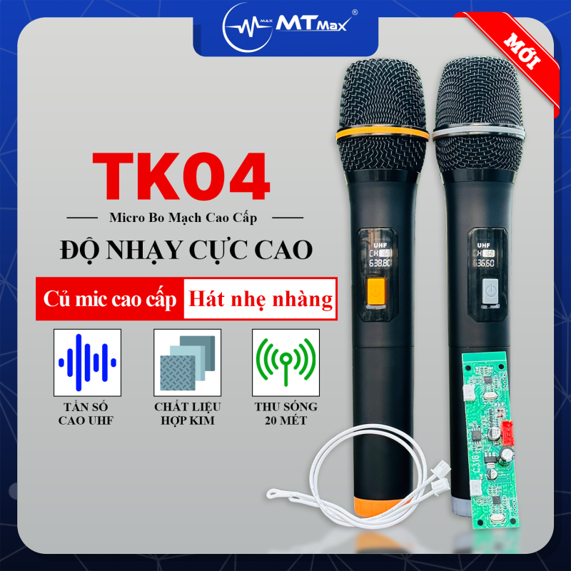 Bộ Micro Hát Karaoke Không Dây UHF TK04 Cao cấp -  Bo Mạch Chuyên Thay Thế Cho Loa Kéo, Loa Mất Micro, Kết Nối Cực Dễ Dàng Chưa Đến 2 Phút