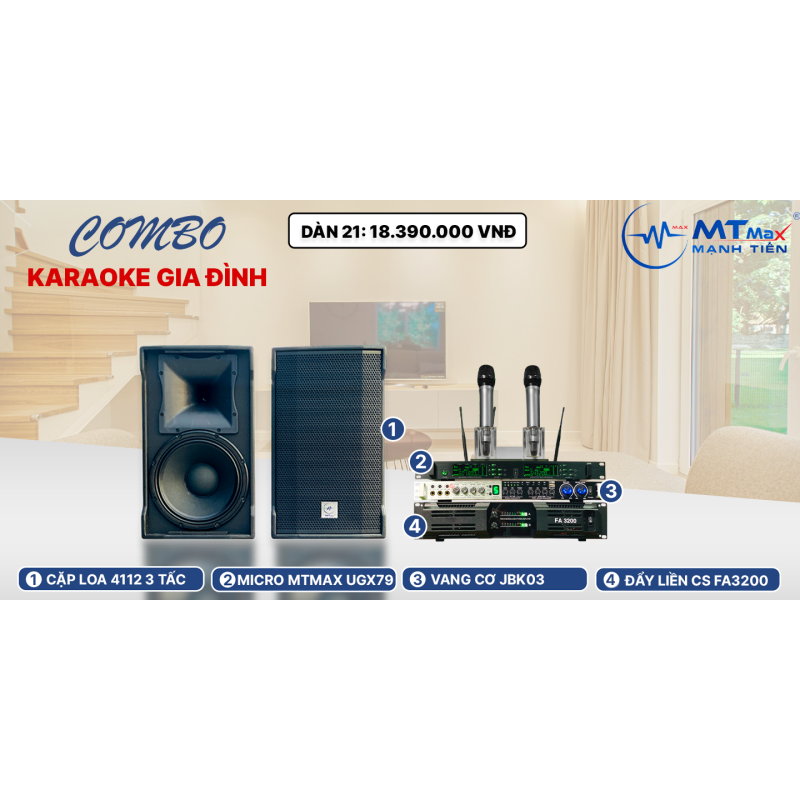 Dàn Karaoke Cao Cấp Gia Đình 2024 -  [ Cặp Loa 4112 Bass 3 Tấc + Đẩy FA3200 + Vang JBK03 + Micro UGX79 ] Miễn Phí Lắp Đặt Bán Kính 100KM, Bảo Hành 12 Tháng