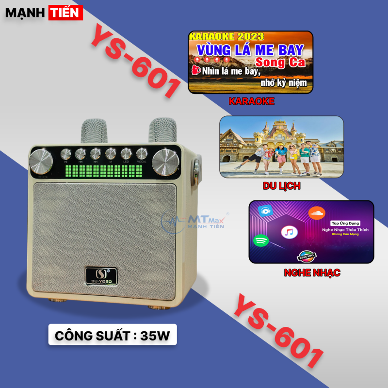 Loa Bluetooth Mini YS-601, Công Suất 35W, Nhỏ Gọn, Âm Thanh Cực Hay, Bass Căng, Đi Kèm 2 Micro Karaoke Thay Đổi Giọng Nói, Bảo Hành 6 Tháng