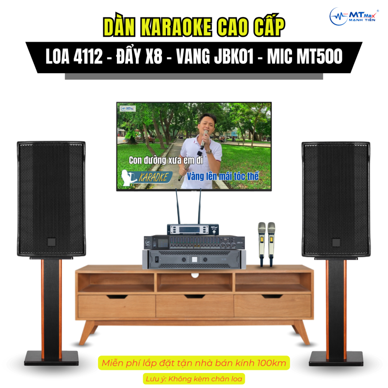 Dàn Karaoke Gia Đình Cặp Loa 4112, Đẩy X8, Vang JBK01, Micro MT500