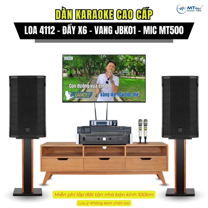 Dàn Karaoke Gia Đình Cặp Loa 4112, Đẩy X6, Vang JBK01, Micro MT500